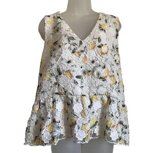 White House Black Market Lemon Print Floral Lace Peplum Top White Yellow 18